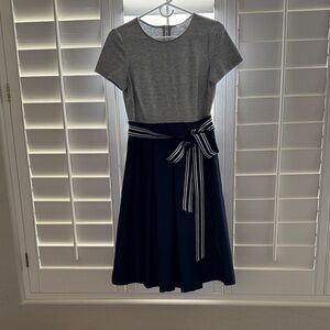 1901 Two-Tone Grey and Navy Midi Dress with Striped Waist Tie